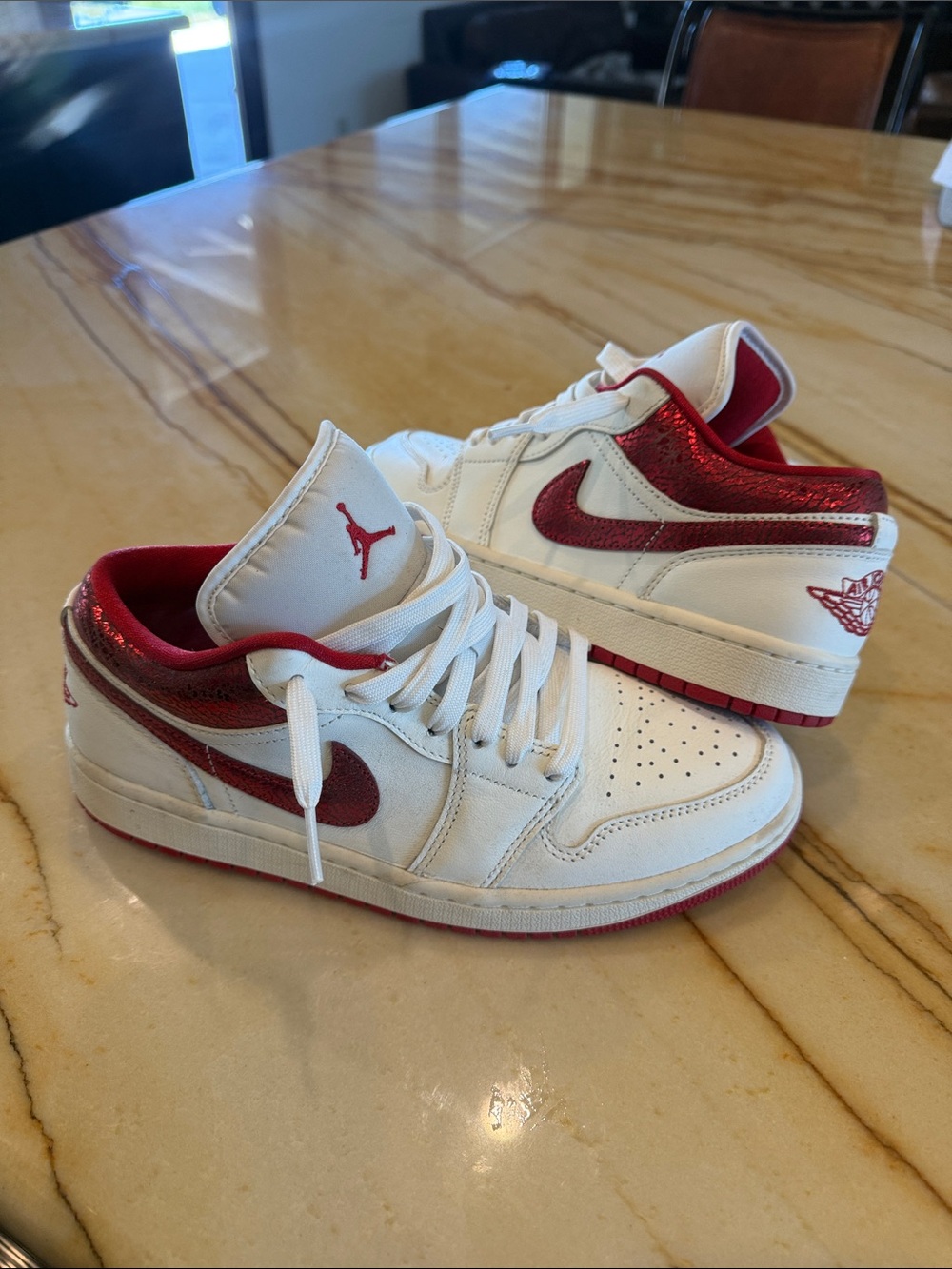 Jordan 1 Low-Top Sneakers in White & Red Metallic